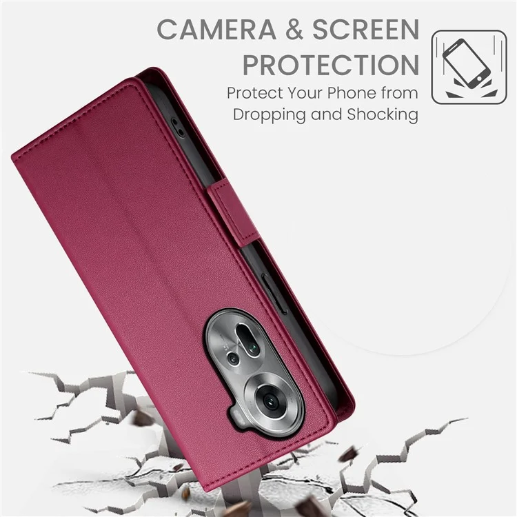 DF-010 For Oppo Reno11 5G (Global) Case PU Leather Phone Cover with Card Holder Side Magnetic Clasp - Wine Red