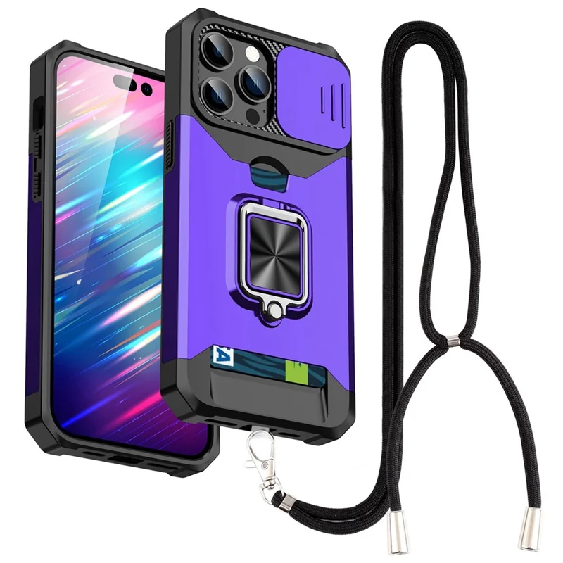 For iPhone 13 Pro 6.1 inch Hard PC + TPU Kickstand Phone Case Slide Camera Cover Card Holder Phone Shell with Strap - Purple