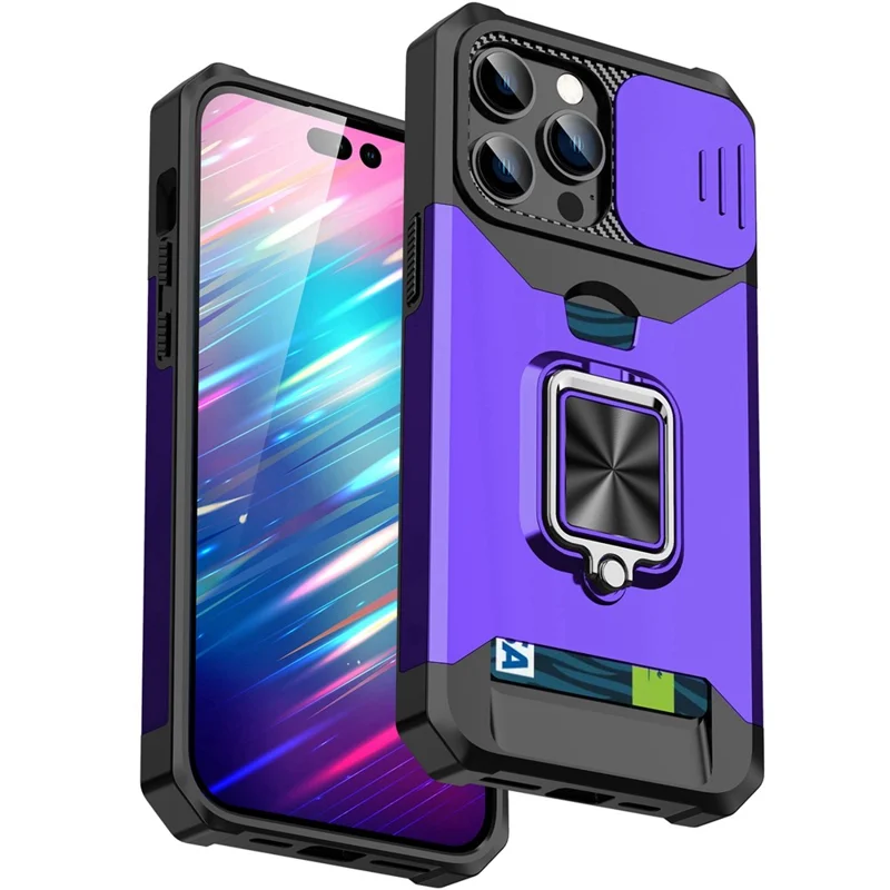 For iPhone 13 Pro 6.1 inch Hard PC + TPU Kickstand Phone Case Slide Camera Cover Card Holder Phone Shell with Strap - Purple
