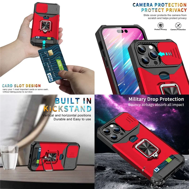For iPhone 13 Pro 6.1 inch Hard PC + TPU Kickstand Phone Case Slide Camera Cover Card Holder Phone Shell with Strap - Purple