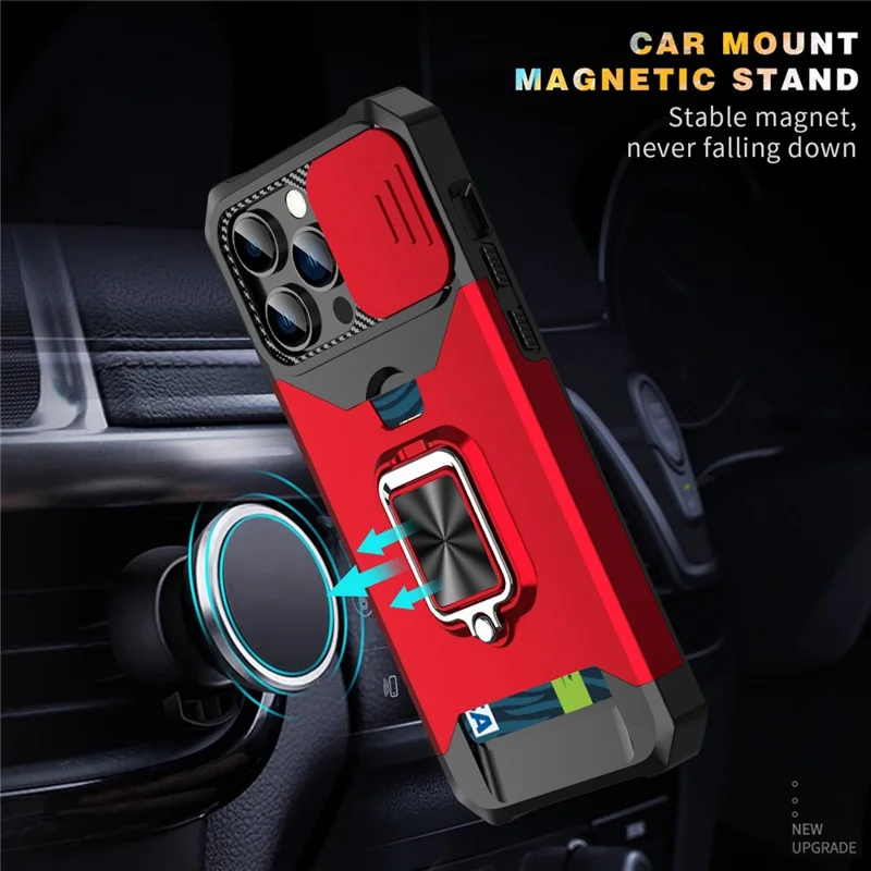 For iPhone 13 Pro 6.1 inch Hard PC + TPU Kickstand Phone Case Slide Camera Cover Card Holder Phone Shell with Strap - Purple