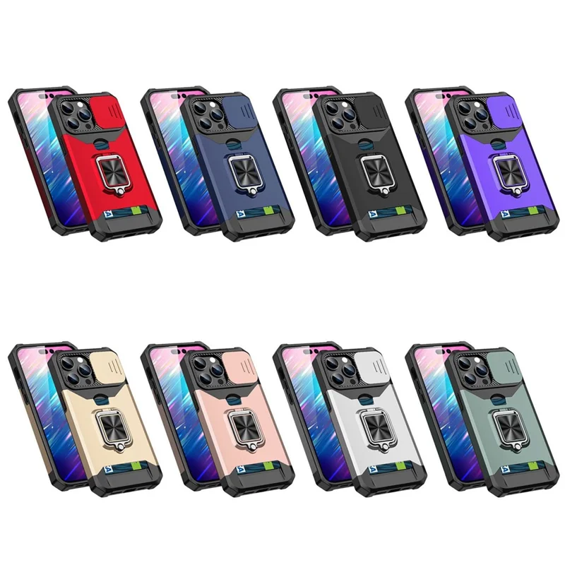 For iPhone 13 Pro 6.1 inch Hard PC + TPU Kickstand Phone Case Slide Camera Cover Card Holder Phone Shell with Strap - Purple