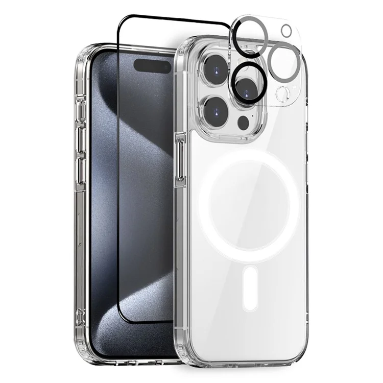 NORTHJO Für iPhone 15 Pro Max Klare Handyhülle mit gehärtetem Glasbildschirmfilm + Objektivschutz, kompatibel mit MagSafe