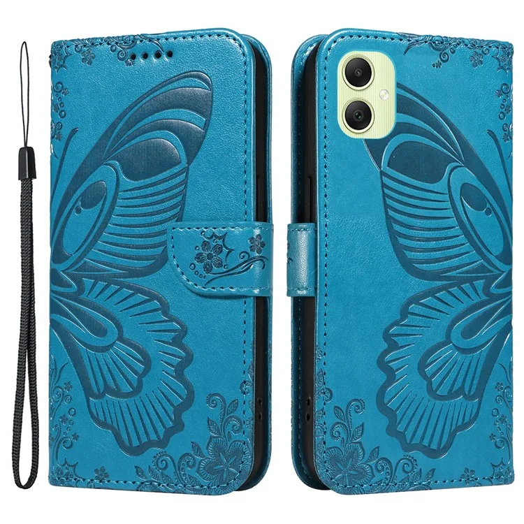 For Samsung Galaxy A05 4G Case Butterfly Leather Wallet Phone Cover with Hand Strap - Blue