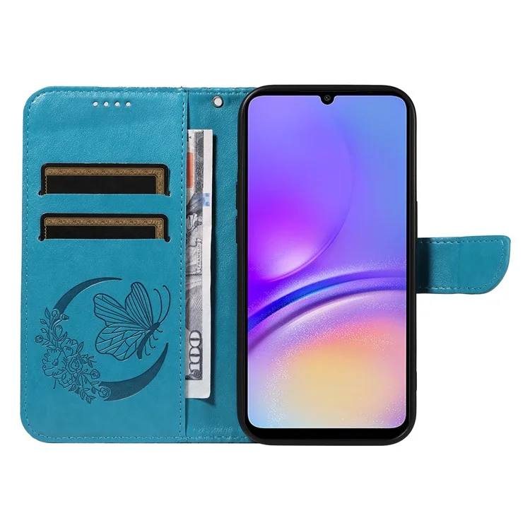 For Samsung Galaxy A05 4G Case Butterfly Leather Wallet Phone Cover with Hand Strap - Blue