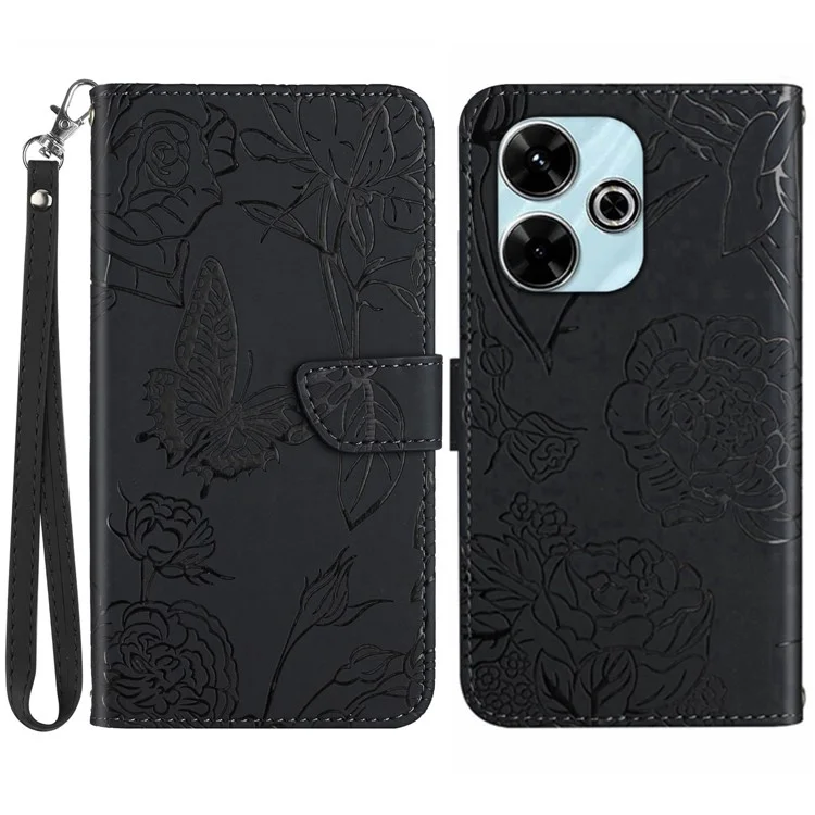 HT03 для Xiaomi Redmi 13 5G / 13 4G Чехол с цветочно-бабочковым рисунком, кожаный чехол для телефона с ремешком - черный