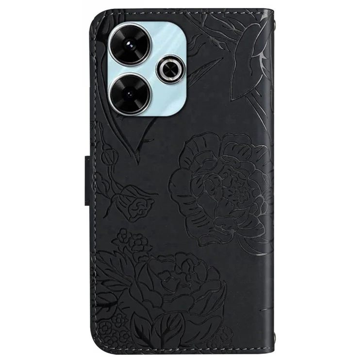HT03 для Xiaomi Redmi 13 5G / 13 4G Чехол с цветочно-бабочковым рисунком, кожаный чехол для телефона с ремешком - черный