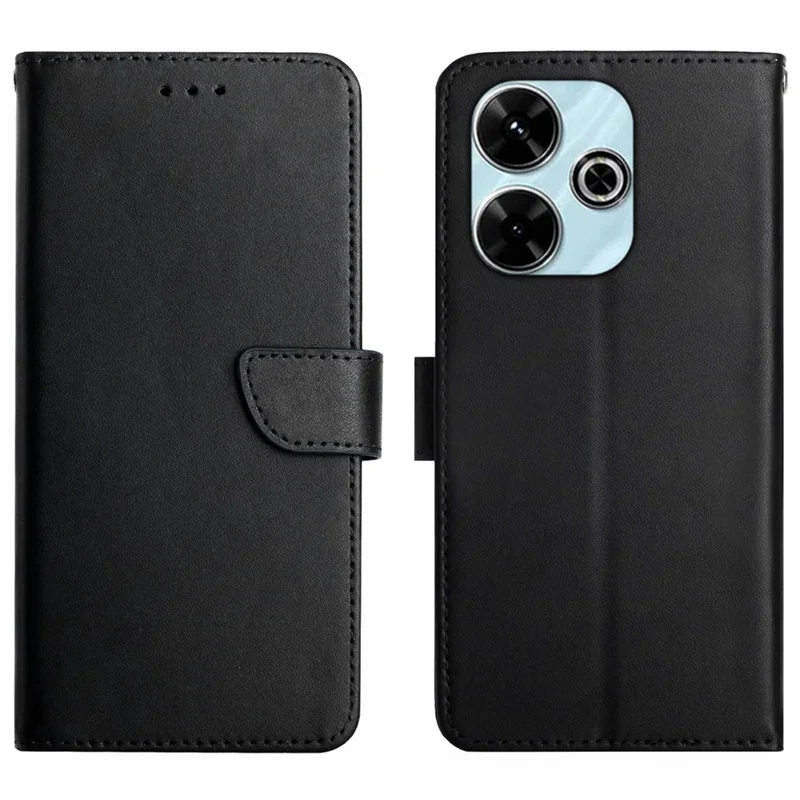 HT02 For Xiaomi Redmi 13 5G / 13 4G Case Nappa Texture Genuine Cow Leather Flip Phone Cover - Black