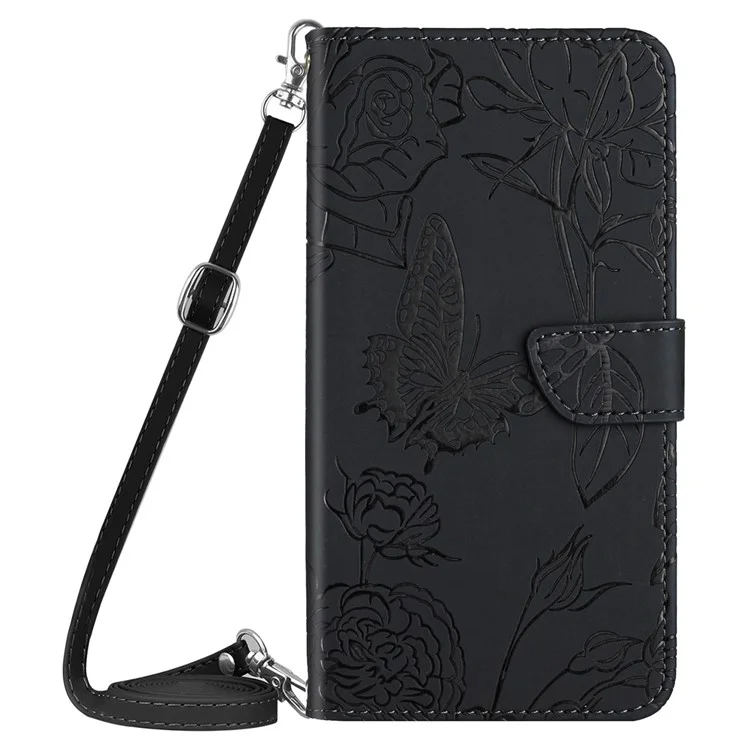 HT03 Para Xiaomi Redmi 13 5G / 13 4G Case Borboleta Flores Impressão Capa de Couro Flip Phone - Preto