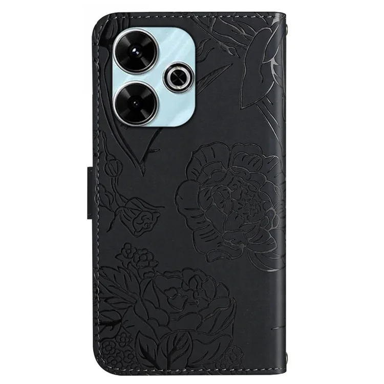 HT03 Para Xiaomi Redmi 13 5G / 13 4G Case Borboleta Flores Impressão Capa de Couro Flip Phone - Preto