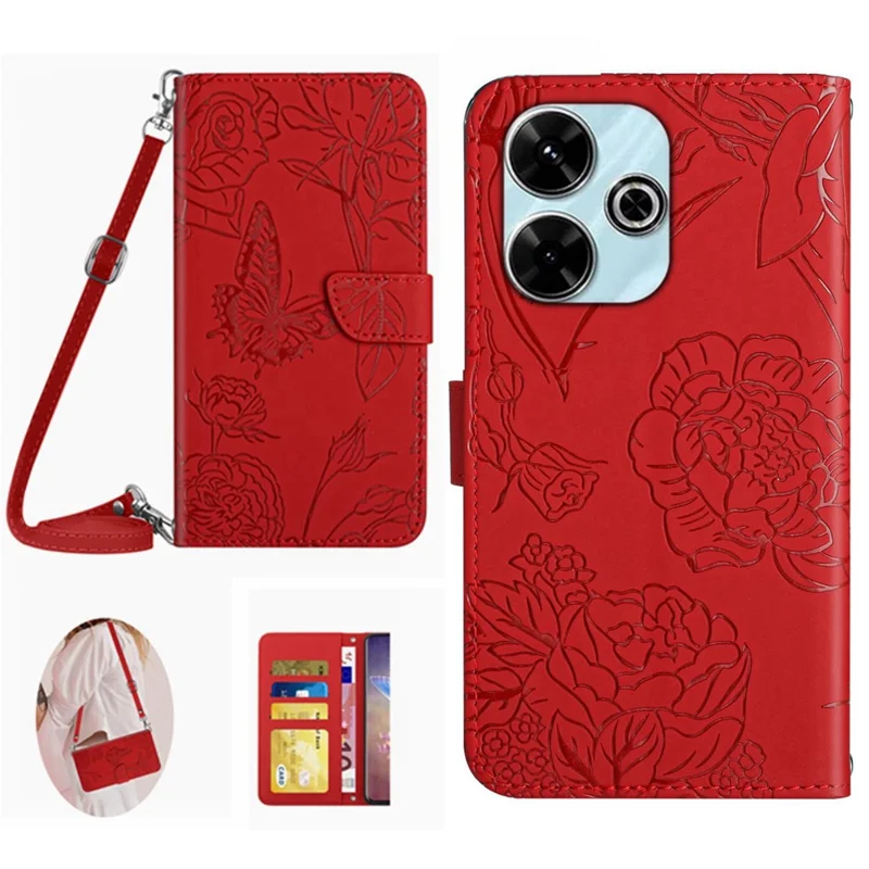 HT03 For Xiaomi Redmi 13 5G / 13 4G Case Butterfly Flowers Imprint Leather Flip Phone Cover - Red