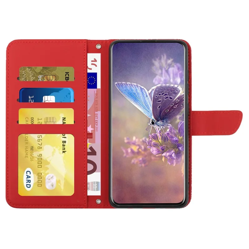 HT03 For Xiaomi Redmi 13 5G / 13 4G Case Butterfly Flowers Imprint Leather Flip Phone Cover - Red