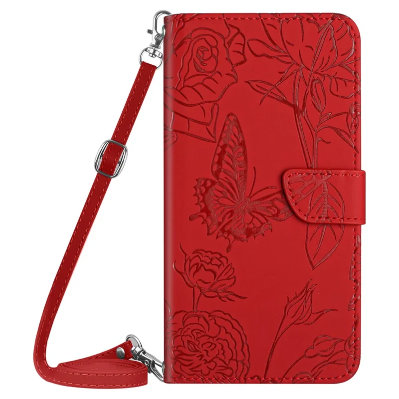 HT03 For Xiaomi Redmi 13 5G / 13 4G Case Butterfly Flowers Imprint Leather Flip Phone Cover - Red