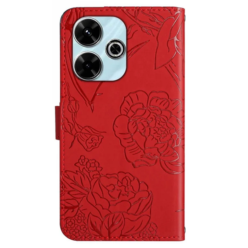 HT03 For Xiaomi Redmi 13 5G / 13 4G Case Butterfly Flowers Imprint Leather Flip Phone Cover - Red