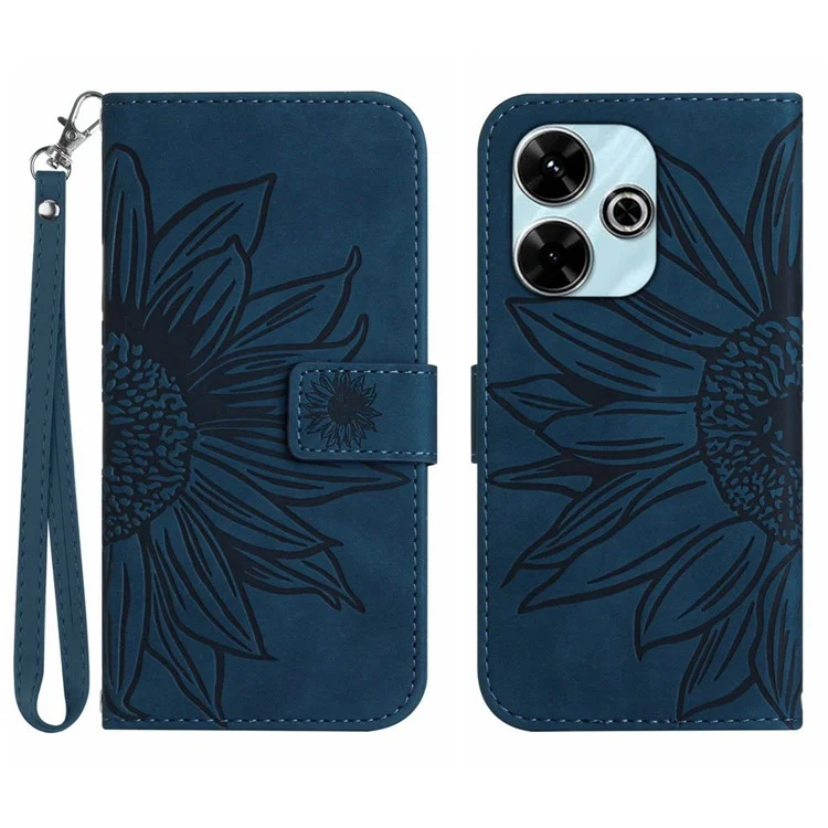 HT04 For Xiaomi Redmi 13 5G / 13 4G Case PU Leather Handbag Phone Cover Sunflower - Dark Blue