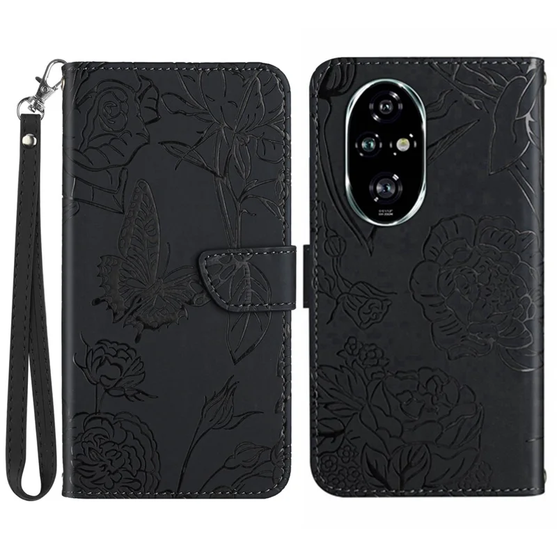 HT03 For Honor 200 Pro 5G Case PU Leather Phone Cover Butterfly and Flower Imprinted - Schwarz
