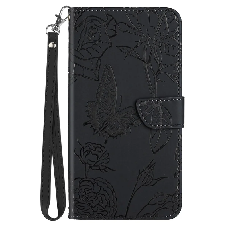 HT03 For Honor 200 Pro 5G Case PU Leather Phone Cover Butterfly and Flower Imprinted - Schwarz