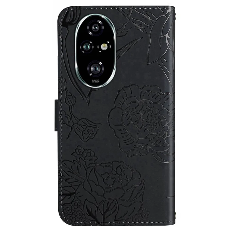 HT03 For Honor 200 Pro 5G Case PU Leather Phone Cover Butterfly and Flower Imprinted - Schwarz