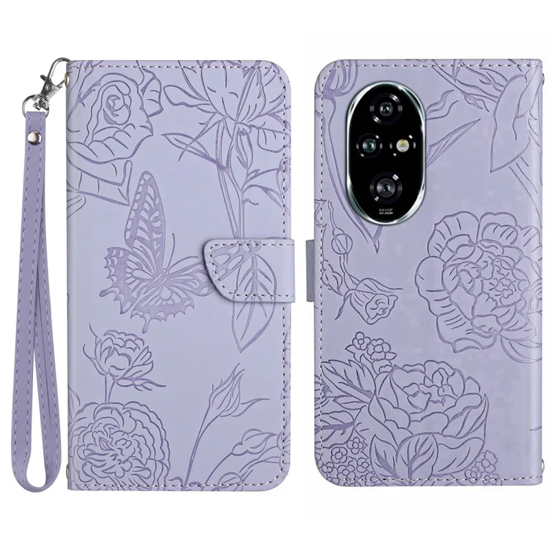 HT03 For Honor 200 Pro 5G Case PU Leather Phone Cover Butterfly and Flower Imprinted - Purple