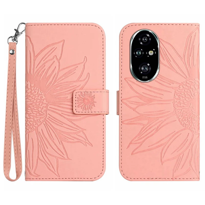 HT04 For Honor 200 Pro 5G Case Sunflower Leather Phone Cover with Hand Strap - Light Pink