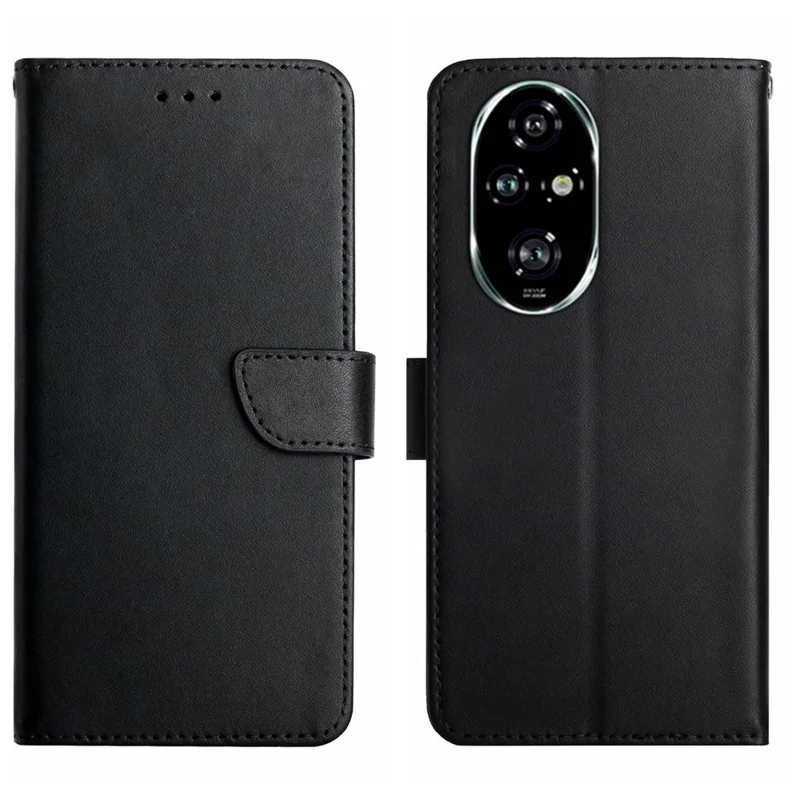 HT02 For Honor 200 5G Case Genuine Cow Leather Solid Color Phone Wallet Cover - Black