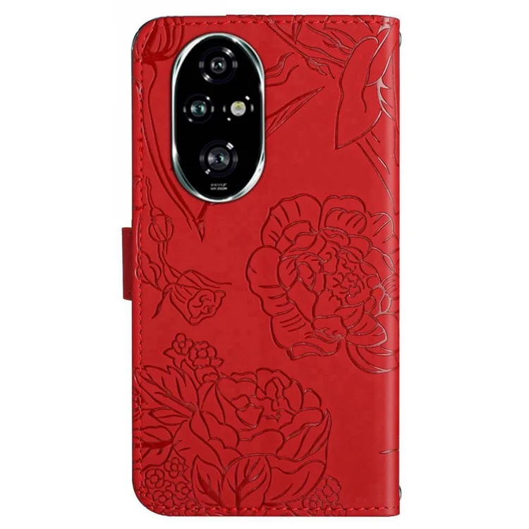 HT03 For Honor 200 5G Case PU Leather Phone Cover with Hand Strap Butterfly Flower Pattern - Red