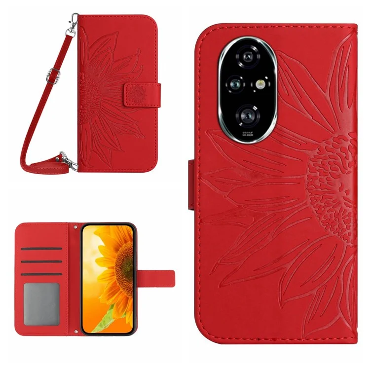 HT04 For Honor 200 5G Case Sunflower Flip Leather Phone Cover Card Slots - Red