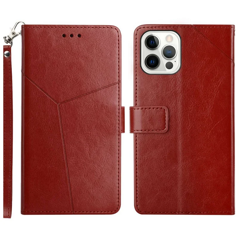 For iPhone 16 Pro Max Case with Wrist Strap Y Shaped Lines Imprint Leather Phone Cover - Brown