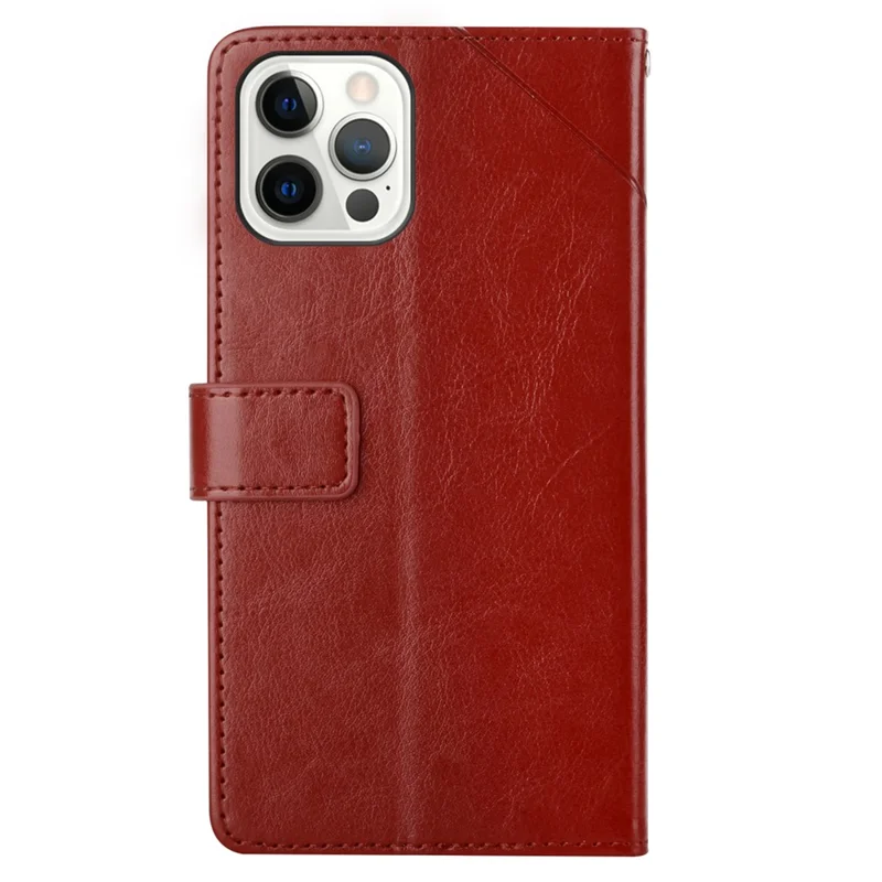 For iPhone 16 Pro Max Case with Wrist Strap Y Shaped Lines Imprint Leather Phone Cover - Brown