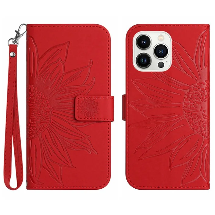 HT04 Funda para iPhone 16 Pro Max Girasol Bolso de Piel Flip Phone Cover - Rojo