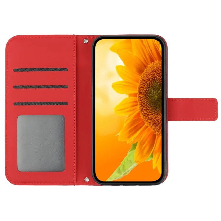 HT04 Funda para iPhone 16 Pro Max Girasol Bolso de Piel Flip Phone Cover - Rojo