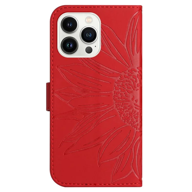 HT04 Funda para iPhone 16 Pro Max Girasol Bolso de Piel Flip Phone Cover - Rojo