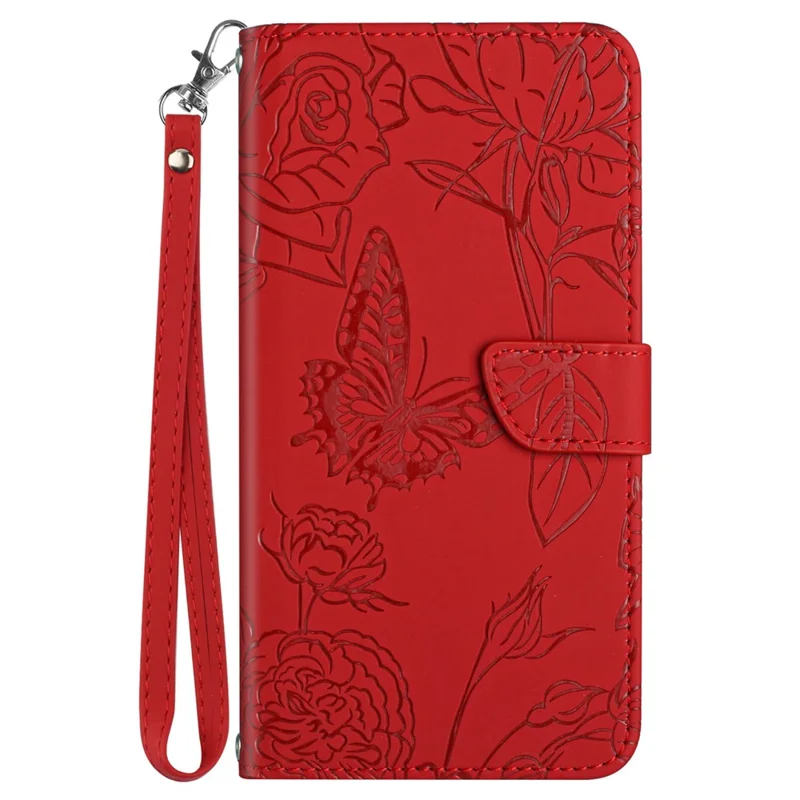 HT03 For iPhone 16 Pro Max Case PU Leather Phone Cover Butterfly Flower Imprinted - Red