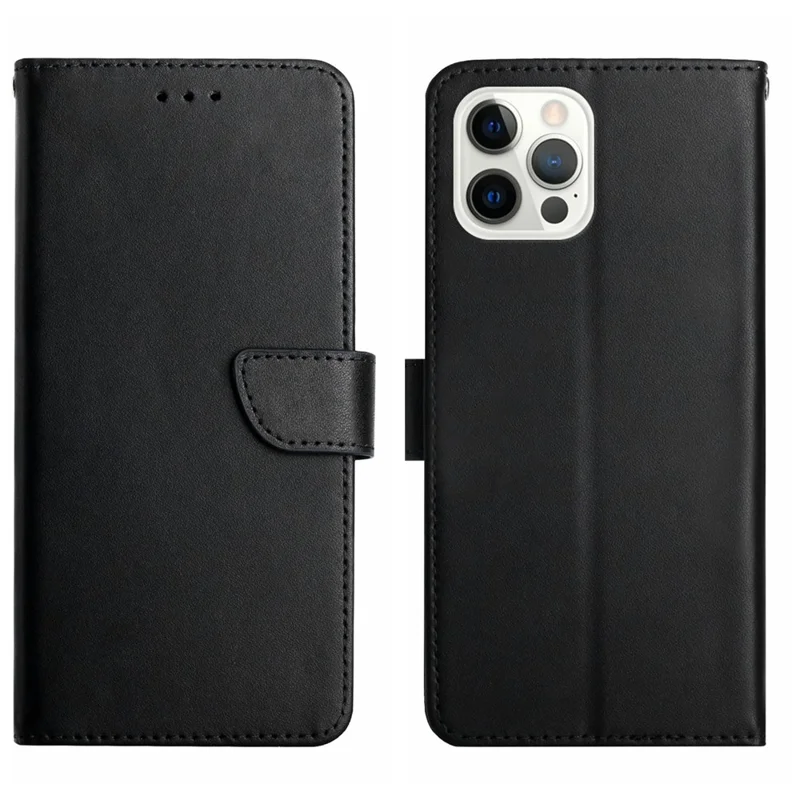 HT02 Per iPhone 16 Pro Max Custodia Texture Nappa Pelle Bovina Genuina Flip Phone Cover - Nero