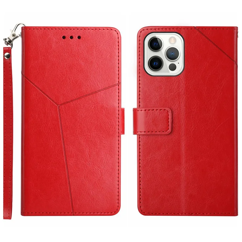 For iPhone 16 Pro Case with Wrist Strap Y Shaped Lines Imprint Leather Phone Cover - Red