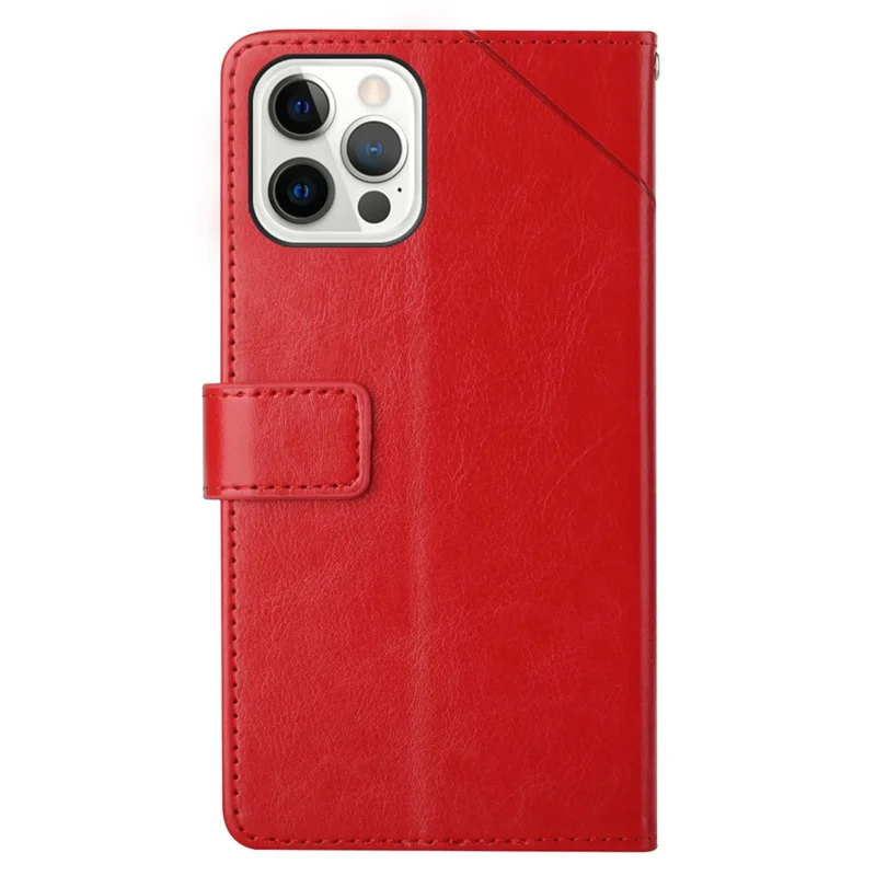 For iPhone 16 Pro Case with Wrist Strap Y Shaped Lines Imprint Leather Phone Cover - Red