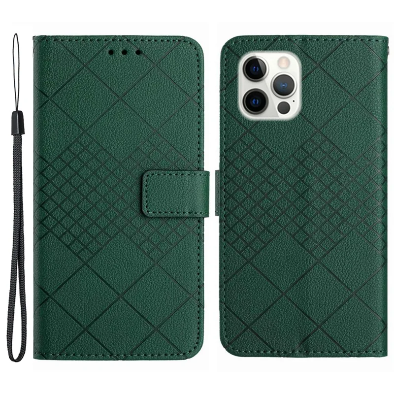 HT06 For iPhone 16 Pro Case Litchi Texture Leather Wallet Rhombus Phone Cover - Green