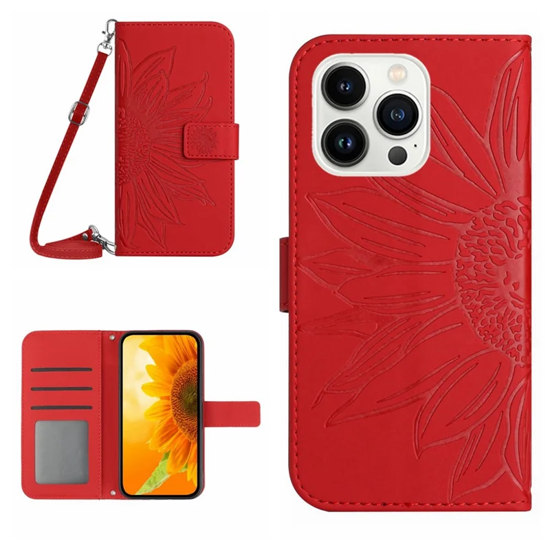 HT04 Voor iPhone 16 Pro hoesje met zonnebloemprint Lederen telefoonhoes met schouderband - Rood