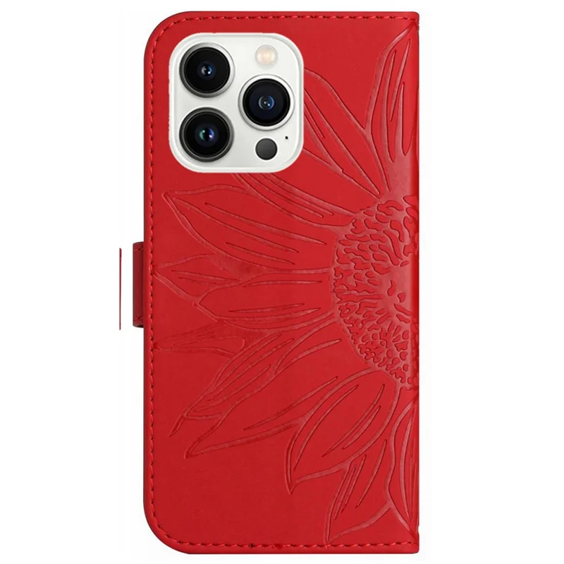 HT04 Voor iPhone 16 Pro hoesje met zonnebloemprint Lederen telefoonhoes met schouderband - Rood