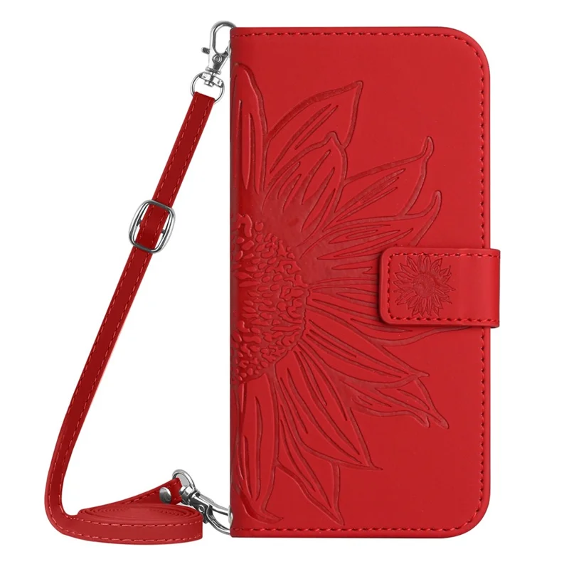 HT04 Voor iPhone 16 Pro hoesje met zonnebloemprint Lederen telefoonhoes met schouderband - Rood