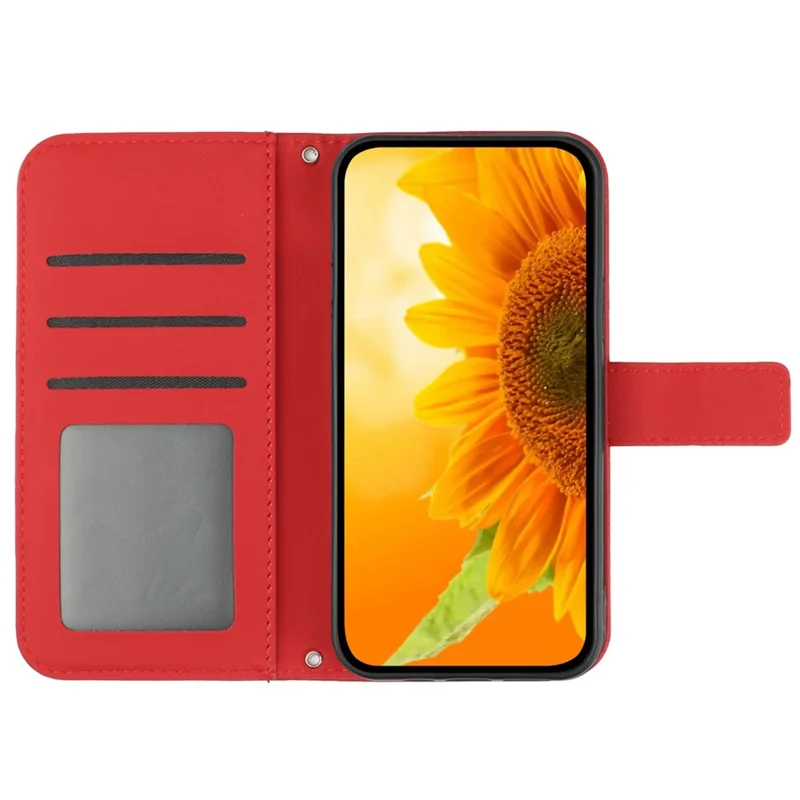 HT04 Voor iPhone 16 Pro hoesje met zonnebloemprint Lederen telefoonhoes met schouderband - Rood