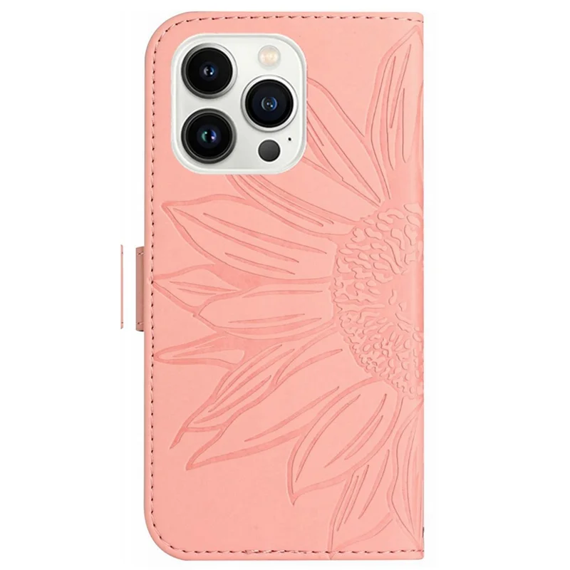 HT04 For iPhone 16 Pro Case Sunflower Imprint Leather Phone Cover with Shoulder Strap - Pink