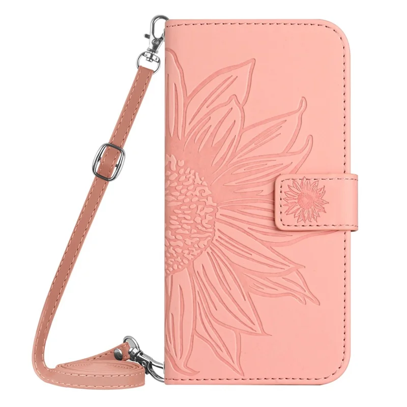 HT04 For iPhone 16 Pro Case Sunflower Imprint Leather Phone Cover with Shoulder Strap - Pink
