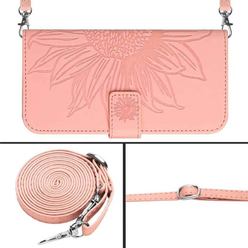 HT04 For iPhone 16 Pro Case Sunflower Imprint Leather Phone Cover with Shoulder Strap - Pink