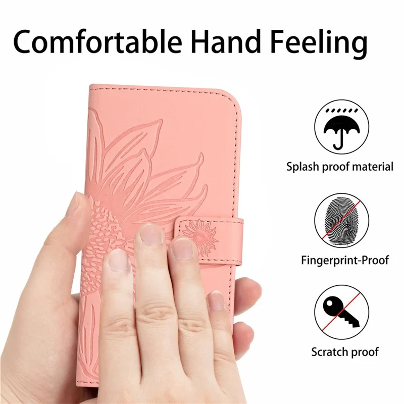 HT04 For iPhone 16 Pro Case Sunflower Imprint Leather Phone Cover with Shoulder Strap - Pink