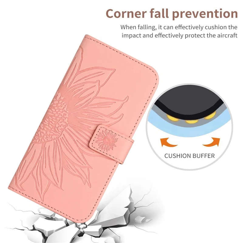 HT04 For iPhone 16 Pro Case Sunflower Imprint Leather Phone Cover with Shoulder Strap - Pink