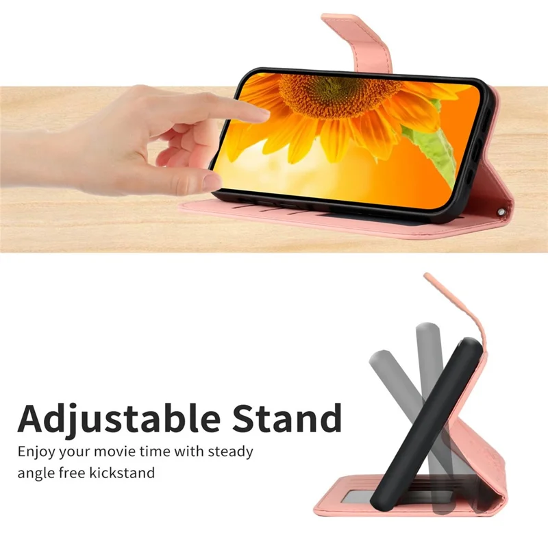 HT04 For iPhone 16 Pro Case Sunflower Imprint Leather Phone Cover with Shoulder Strap - Pink