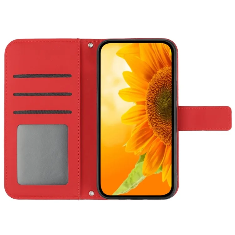 HT04 Для iPhone 16 Pro Case Sunflower Imprint Кожаный Флип Phone Cover with Hand Strap - Красный