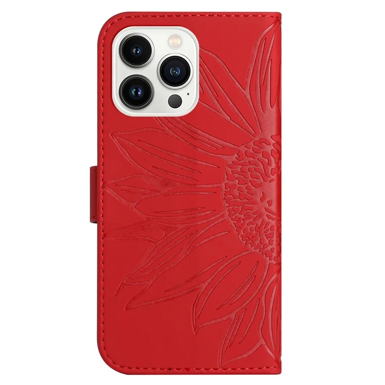 HT04 Для iPhone 16 Pro Case Sunflower Imprint Кожаный Флип Phone Cover with Hand Strap - Красный