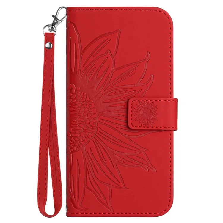 HT04 Для iPhone 16 Pro Case Sunflower Imprint Кожаный Флип Phone Cover with Hand Strap - Красный